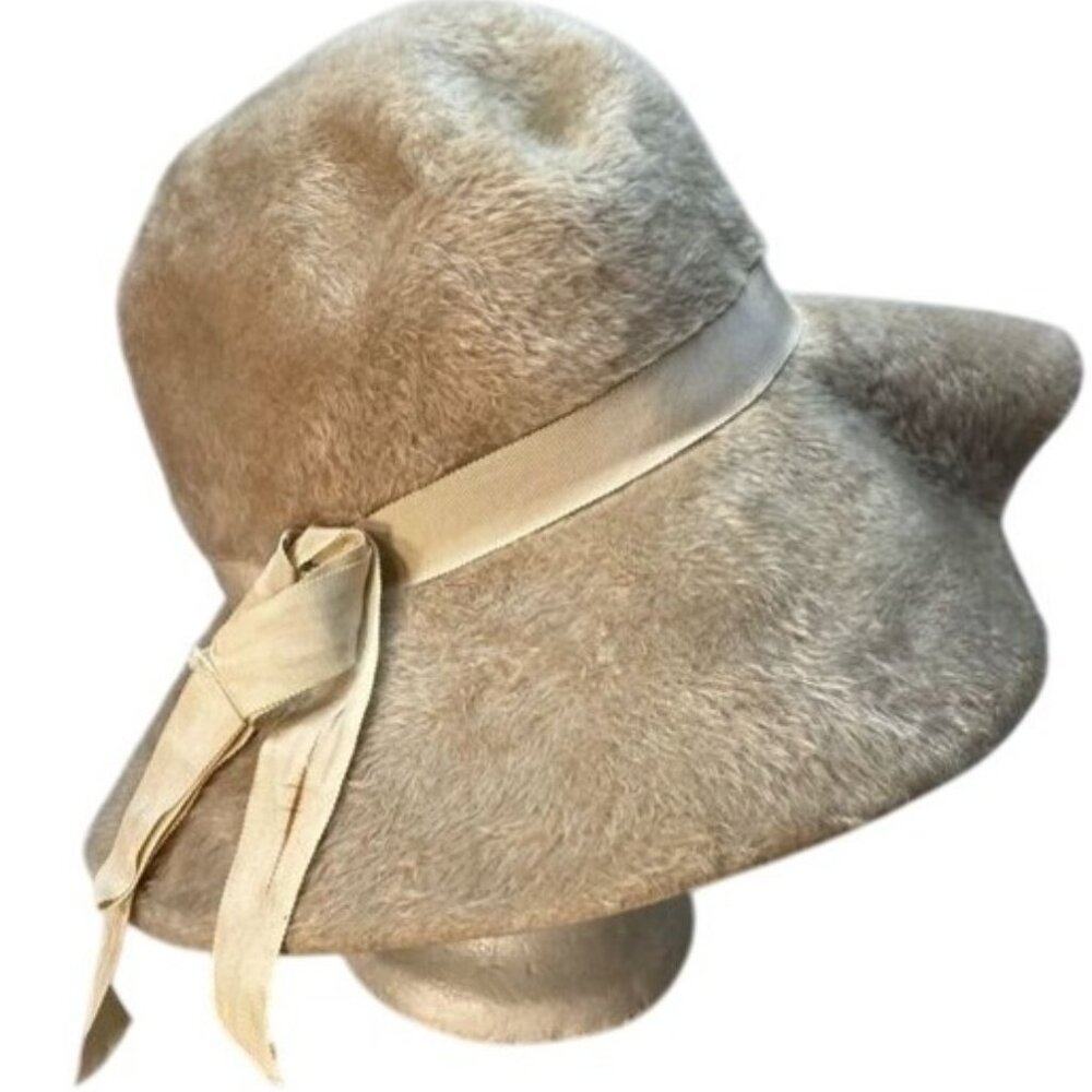 Vintage Sovereign Tan Fur Felt Floppy Hat  Ribbon Bow Boho Grannycore